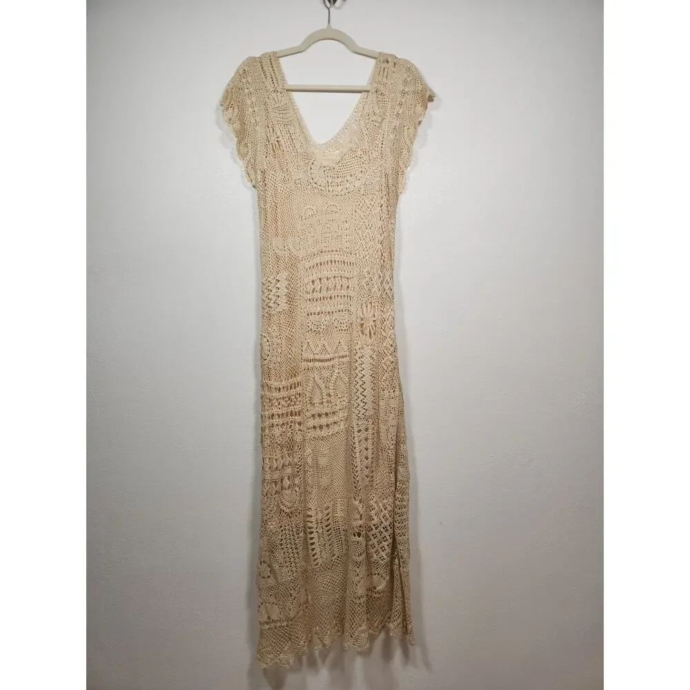 Vintage Silk Lace Maxi Dress Tank Crochet Beach Coastal y2k Spiegel Mermaid a